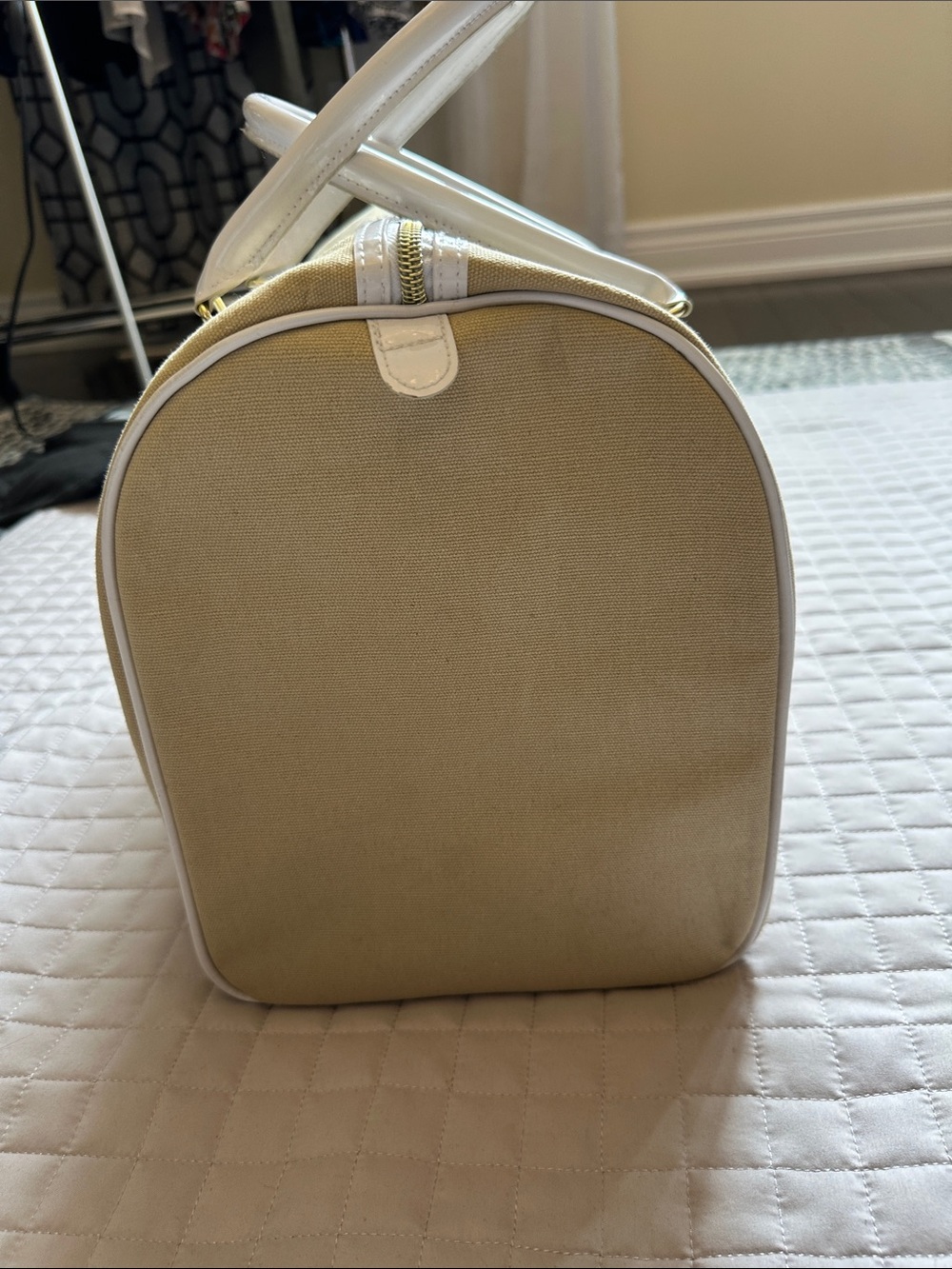 Canvas Satchel Handbag in Beige with White Handles - Picture 4 of 13